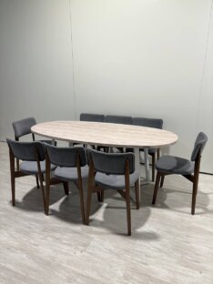 Стол кухонный обеденный овальный дизайнерский под травертин THETABLE RU 250х120 16.1/1.2