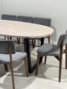 Стол кухонный обеденный овальный дизайнерский под травертин THETABLE RU 200х100 16.1/2.1